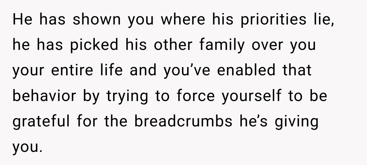 His Father’s Accidental Voice Message Confirmed What He’d Suspected for 30 Years He has shown you where his priorities lie, he has picked his other family over you your entire life and you’ve enabled that behavior by trying to force yourself to...