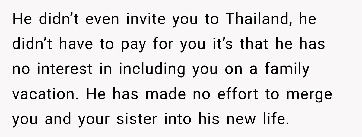 His Father’s Accidental Voice Message Confirmed What He’d Suspected for 30 Years He didn’t even invite you to Thailand, he didn’t have to pay for you it’s that he has no interest in including you on a family vacation. He has made...