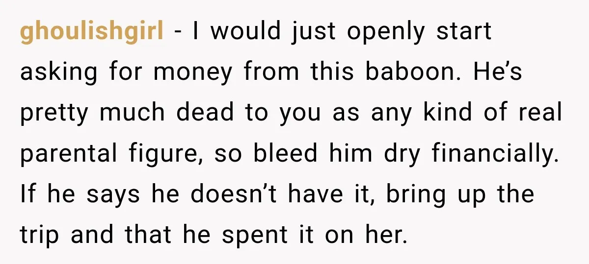His Father’s Accidental Voice Message Confirmed What He’d Suspected for 30 Years ghoulishgirl − I would just openly start asking for money from this baboon. He’s pretty much dead to you as any kind of real parental figure, so bleed him dry...