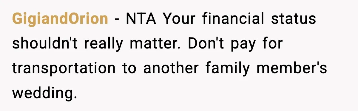 GigiandOrion − NTA Your financial status shouldn't really matter. Don't pay for transportation to another family member's wedding.