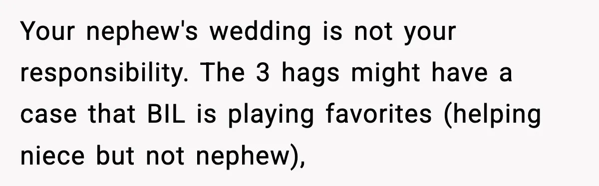 Your nephew's wedding is not your responsibility. The 3 hags might have a case that BIL is playing favorites (helping niece but not nephew),