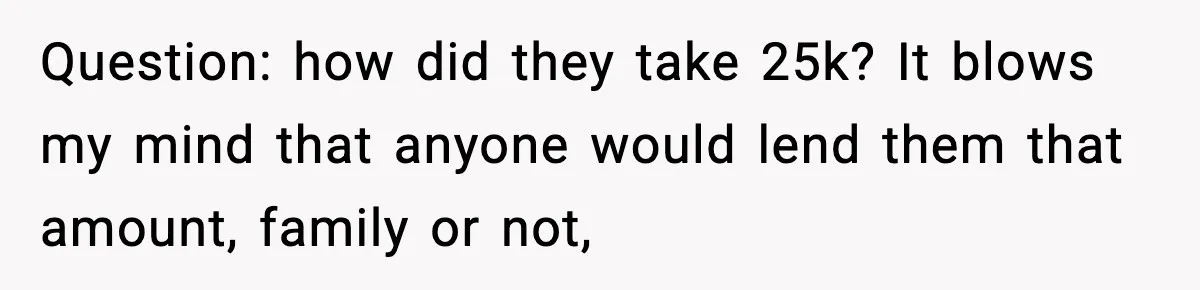 Question: how did they take 25k? It blows my mind that anyone would lend them that amount, family or not,