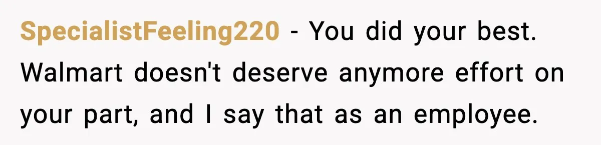 SpecialistFeeling220 − You did your best. Walmart doesn't deserve anymore effort on your part, and I say that as an employee.