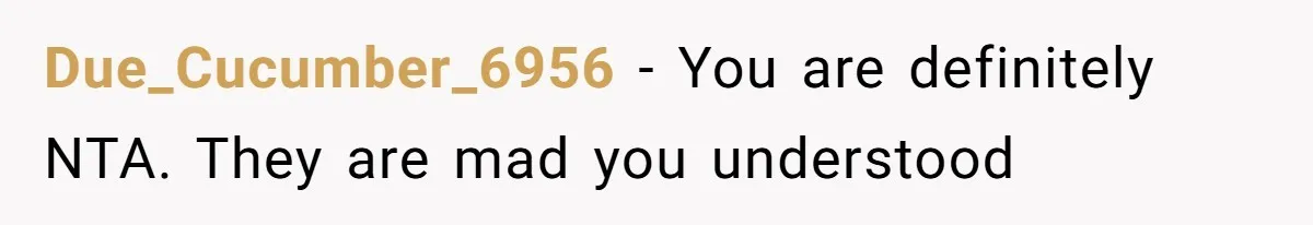 Due_Cucumber_6956 − You are definitely NTA. They are mad you understood