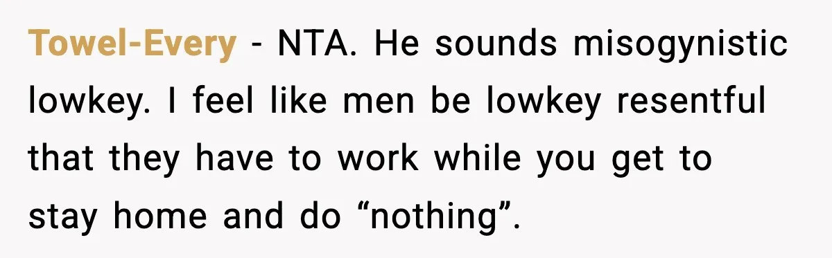 Towel-Every − NTA. He sounds misogynistic lowkey. I feel like men be lowkey resentful that they have to work while you get to stay home and do “nothing”.