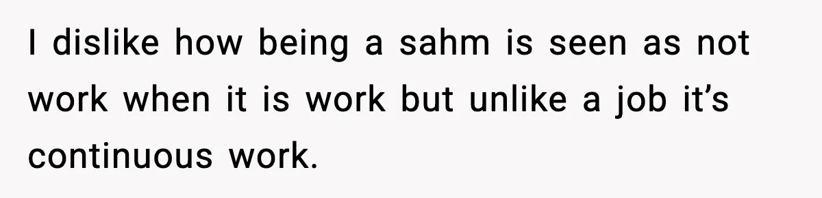 I dislike how being a sahm is seen as not work when it is work but unlike a job it’s continuous work.