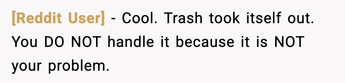 [Reddit User] − Cool. Trash took itself out. You DO NOT handle it because it is NOT your problem.