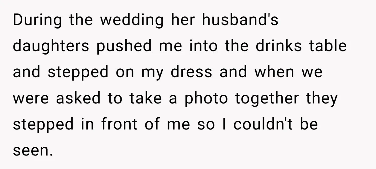 During the wedding her husband's daughters pushed me into the drinks table and stepped on my dress and when we were asked to take a photo together they stepped in...