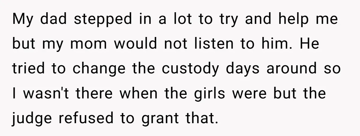 My dad stepped in a lot to try and help me but my mom would not listen to him. He tried to change the custody days around so I wasn't...