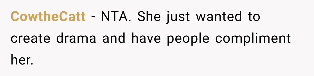 CowtheCatt − NTA. She just wanted to create drama and have people compliment her.