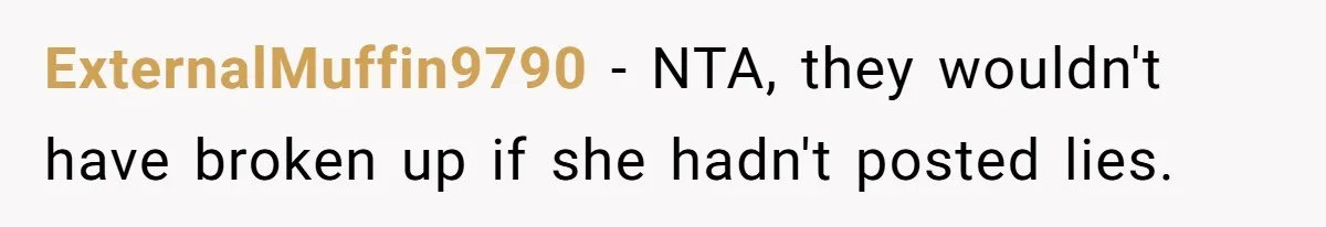 ExternalMuffin9790 − NTA, they wouldn't have broken up if she hadn't posted lies.