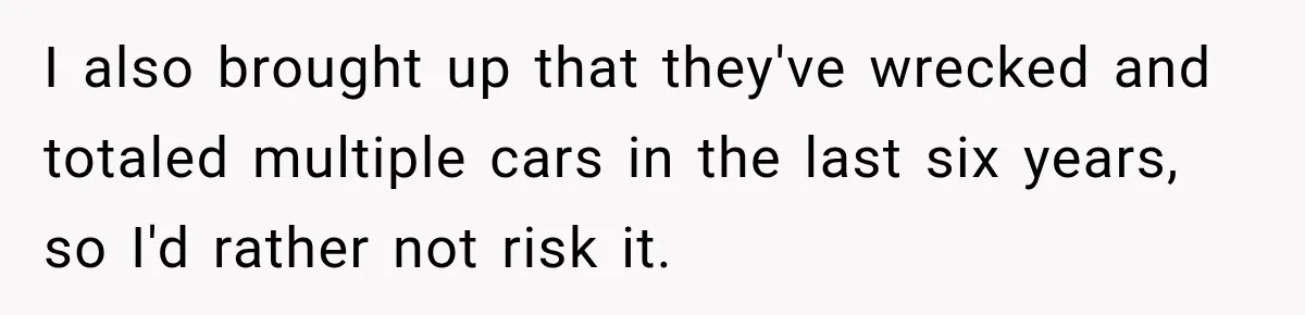 They Called Him Selfish for Protecting His Car, but He Felt He Had Good Reason to Say No I also brought up that they've wrecked and totaled multiple cars in the last six years, so I'd rather not risk it.