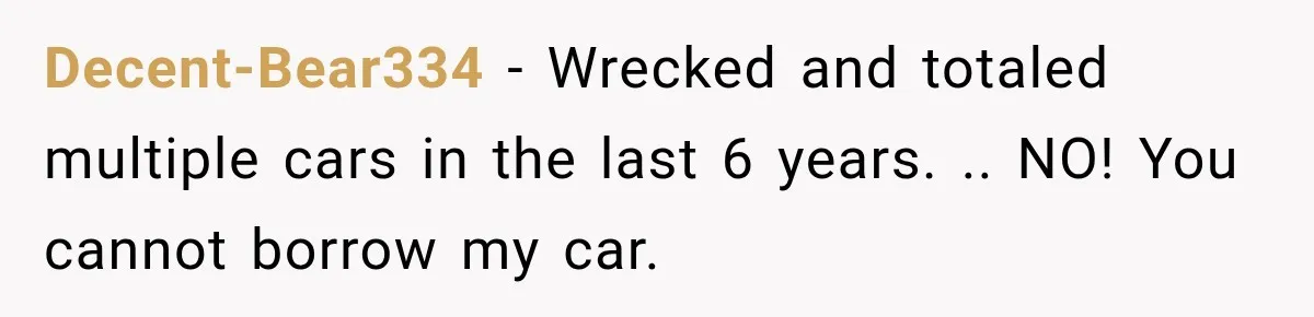 They Called Him Selfish for Protecting His Car, but He Felt He Had Good Reason to Say No Decent-Bear334 − Wrecked and totaled multiple cars in the last 6 years. .. NO! You cannot borrow my car.