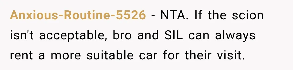 They Called Him Selfish for Protecting His Car, but He Felt He Had Good Reason to Say No Anxious-Routine-5526 − NTA. If the scion isn't acceptable, bro and SIL can always rent a more suitable car for their visit.