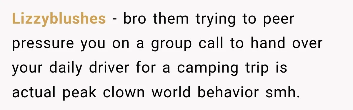They Called Him Selfish for Protecting His Car, but He Felt He Had Good Reason to Say No Lizzyblushes − bro them trying to peer pressure you on a group call to hand over your daily driver for a camping trip is actual peak clown world behavior smh.