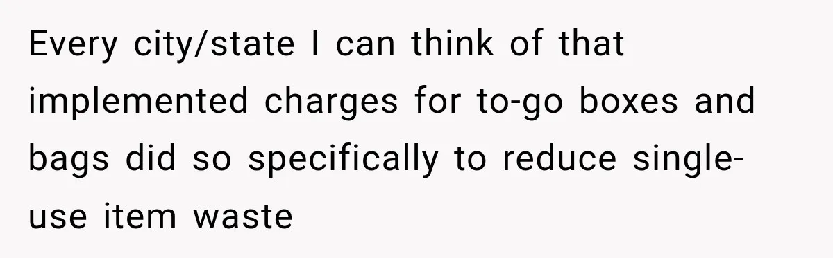 She Brought Tupperware to a Burger Restaurant, and Her Friend Was Mortified Every city/state I can think of that implemented charges for to-go boxes and bags did so specifically to reduce single-use item waste