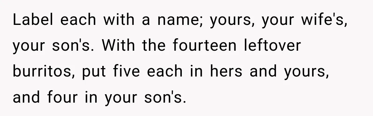 Label each with a name; yours, your wife's, your son's. With the fourteen leftover burritos, put five each in hers and yours, and four in your son's.