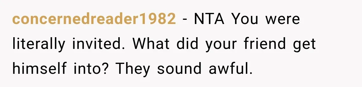 concernedreader1982 − NTA You were literally invited. What did your friend get himself into? They sound awful.