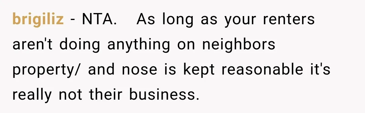 brigiliz − NTA.   As long as your renters aren't doing anything on neighbors property/ and nose is kept reasonable it's really not their business.