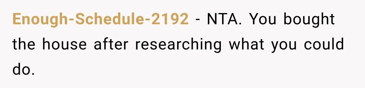 Enough-Schedule-2192 − NTA. You bought the house after researching what you could do.