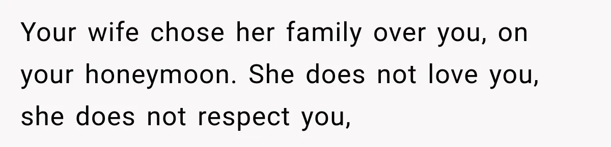 Your wife chose her family over you, on your honeymoon. She does not love you, she does not respect you,