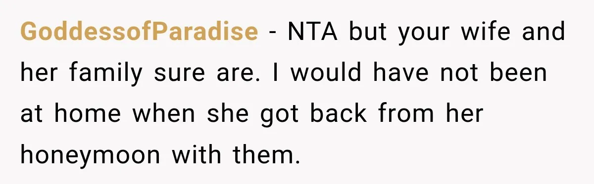 GoddessofParadise − NTA but your wife and her family sure are. I would have not been at home when she got back from her honeymoon with them.