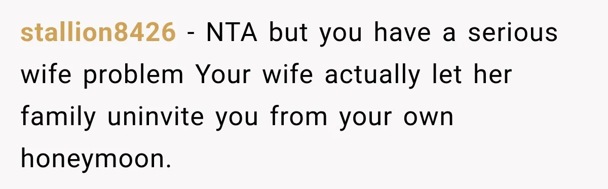 stallion8426 − NTA but you have a serious wife problem Your wife actually let her family uninvite you from your own honeymoon.