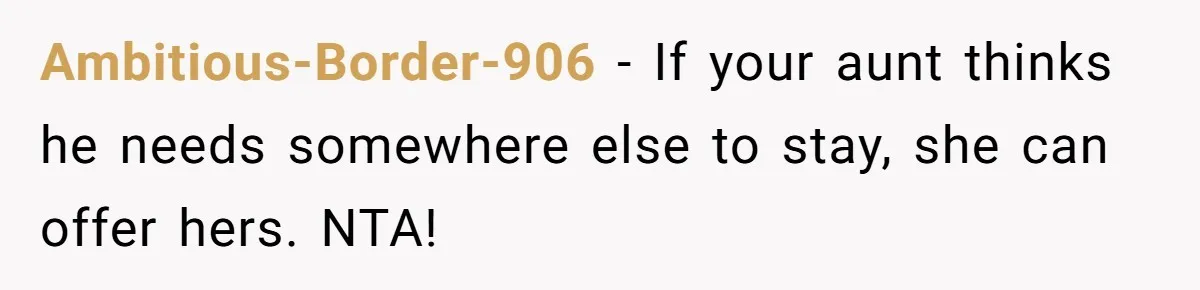 Ambitious-Border-906 − If your aunt thinks he needs somewhere else to stay, she can offer hers. NTA!