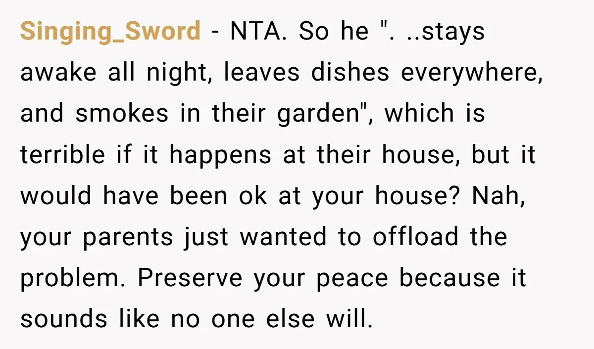 Singing_Sword − NTA. So he ". ..stays awake all night, leaves dishes everywhere, and smokes in their garden", which is terrible if it happens at their house, but it would...
