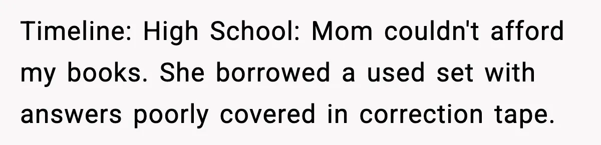 Timeline: High School: Mom couldn't afford my books. She borrowed a used set with answers poorly covered in correction tape.
