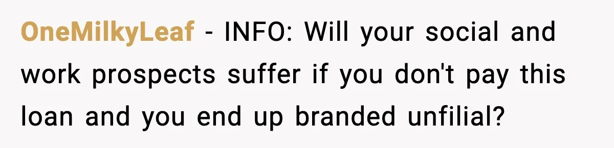 OneMilkyLeaf − INFO: Will your social and work prospects suffer if you don't pay this loan and you end up branded unfilial?