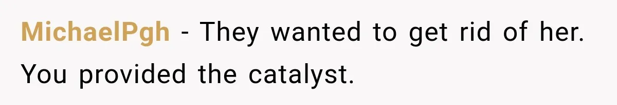 MichaelPgh − They wanted to get rid of her. You provided the catalyst.