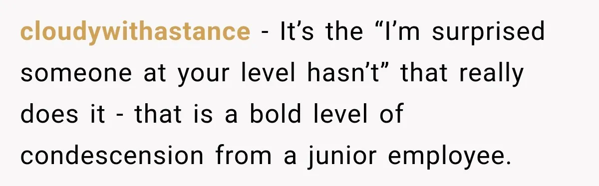 cloudywithastance − It’s the “I’m surprised someone at your level hasn’t” that really does it - that is a bold level of condescension from a junior employee.