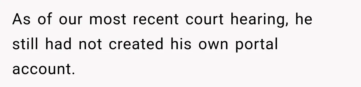 After Ex Lies About Children’s Academics, She Wonders If She Should Seek Court-Enforced Communication Limits As of our most recent court hearing, he still had not created his own portal account.