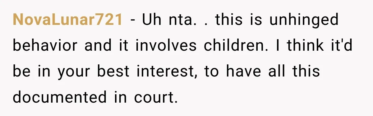 After Ex Lies About Children’s Academics, She Wonders If She Should Seek Court-Enforced Communication Limits NovaLunar721 − Uh nta. . this is unhinged behavior and it involves children. I think it'd be in your best interest, to have all this documented in court.