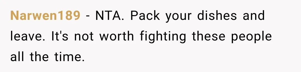 Narwen189 − NTA. Pack your dishes and leave. It's not worth fighting these people all the time.
