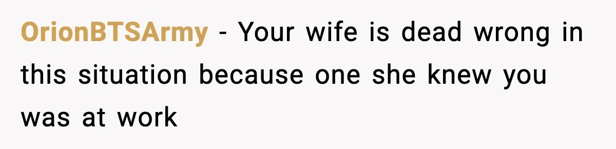 OrionBTSArmy − Your wife is dead wrong in this situation because one she knew you was at work