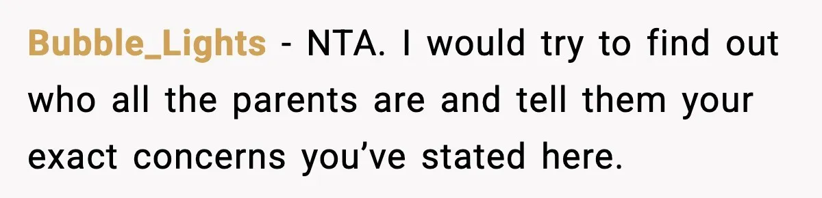 Bubble_Lights − NTA. I would try to find out who all the parents are and tell them your exact concerns you’ve stated here.