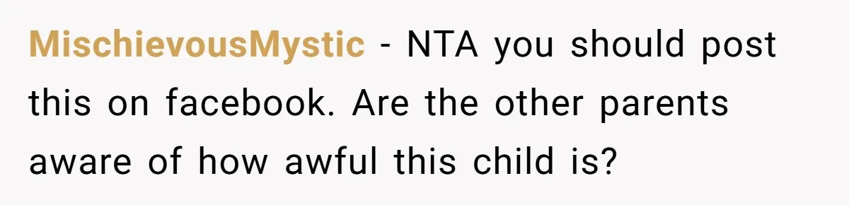 MischievousMystic − NTA you should post this on facebook. Are the other parents aware of how awful this child is?