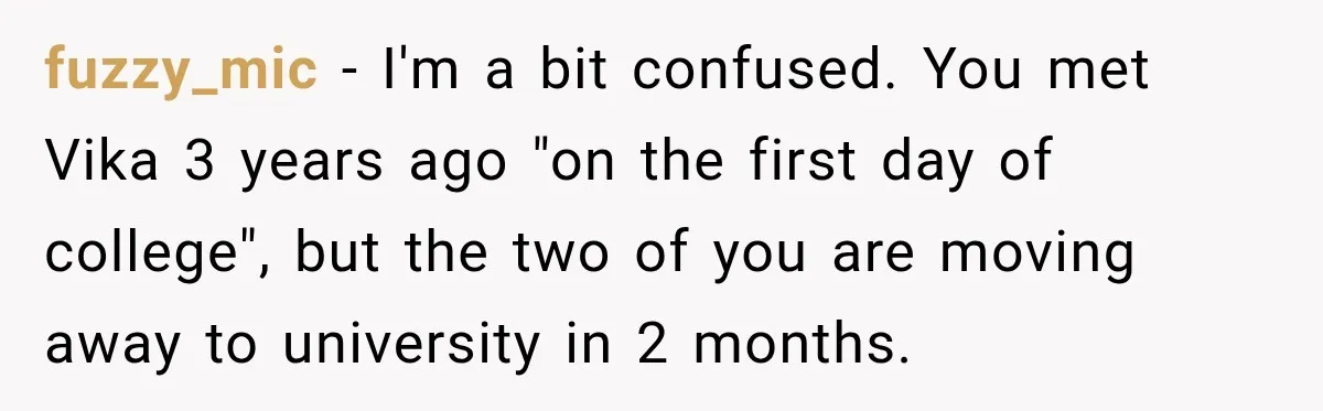 Best Friend Ignored Her For Months, She Plans To Cut Her Out Of University Housing fuzzy_mic − I'm a bit confused. You met Vika 3 years ago "on the first day of college", but the two of you are moving away to university in 2...