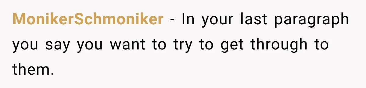 Fiancé’s Parents Demand To Be My Only Parents At Wedding And Want My Brother Who Raised Me To Sit In The Sibling Section MonikerSchmoniker − In your last paragraph you say you want to try to get through to them.