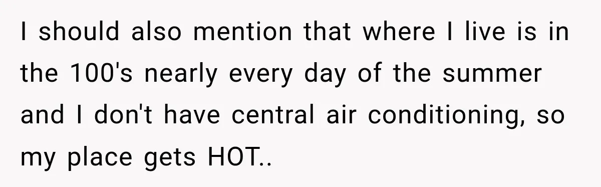 I should also mention that where I live is in the 100's nearly every day of the summer and I don't have central air conditioning, so my place gets HOT.....