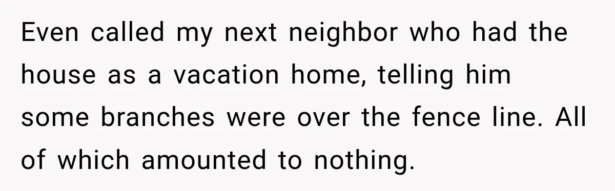 Even called my next neighbor who had the house as a vacation home, telling him some branches were over the fence line. All of which amounted to nothing.