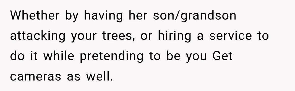 Whether by having her son/grandson attacking your trees, or hiring a service to do it while pretending to be you Get cameras as well.