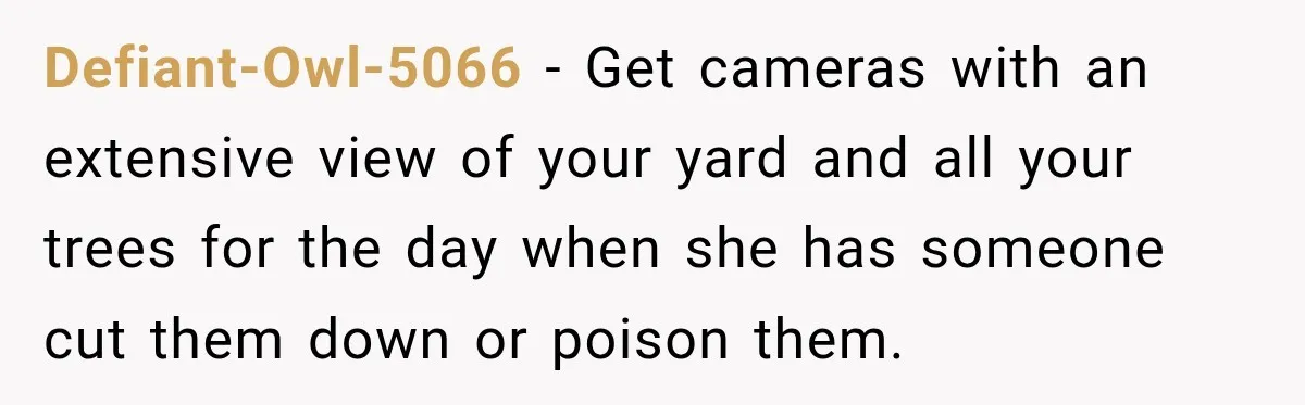 Defiant-Owl-5066 − Get cameras with an extensive view of your yard and all your trees for the day when she has someone cut them down or poison them.