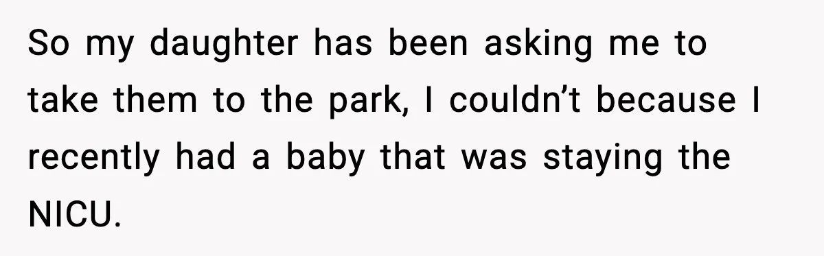 So my daughter has been asking me to take them to the park, I couldn’t because I recently had a baby that was staying the NICU.