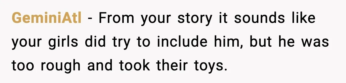 GeminiAtl − From your story it sounds like your girls did try to include him, but he was too rough and took their toys.