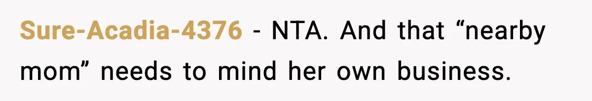 Sure-Acadia-4376 − NTA. And that “nearby mom” needs to mind her own business.