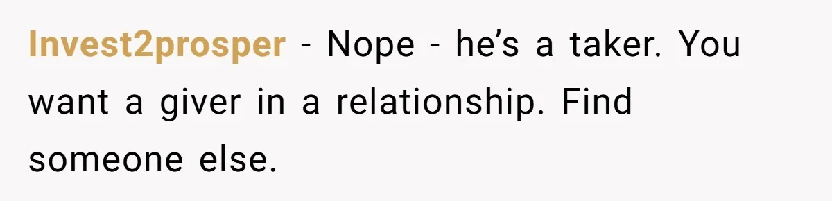 Invest2prosper − Nope - he’s a taker. You want a giver in a relationship. Find someone else.