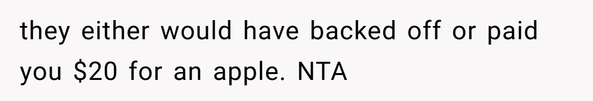 they either would have backed off or paid you $20 for an apple. NTA